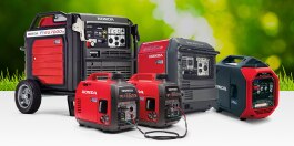 Lineup of battery lawn mowers from left to right HRN, HRX, HRX, HRC. Background is grass images from top fading into plain blue.