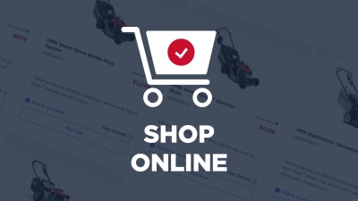 White shopping cart icon with red circle and white tick in the middle. Text under icon: Shop Online